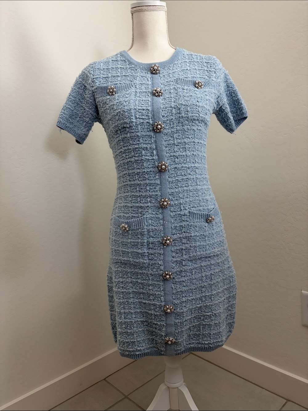 Fashion NovaLuxe Light Blue Knit Pearl-Button Mini Dress